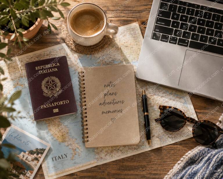 Travel resources flat lay with laptop, passport, notebook, coffee, map and sunglasses.